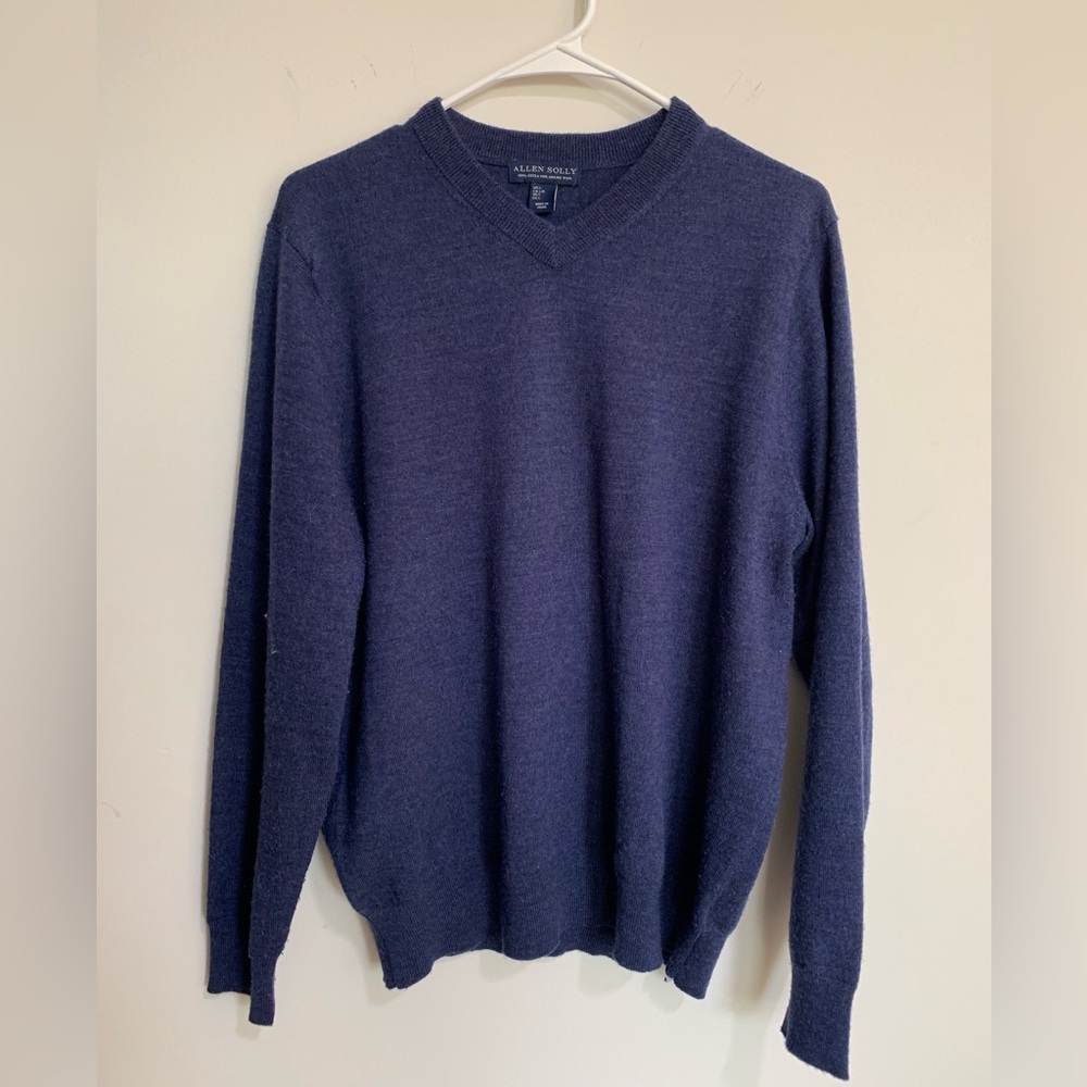 BN8 ALLEN SOLLY Extra Fine 100% MERINO WOOL V-Neck SWEATER Men’s Large Blue
